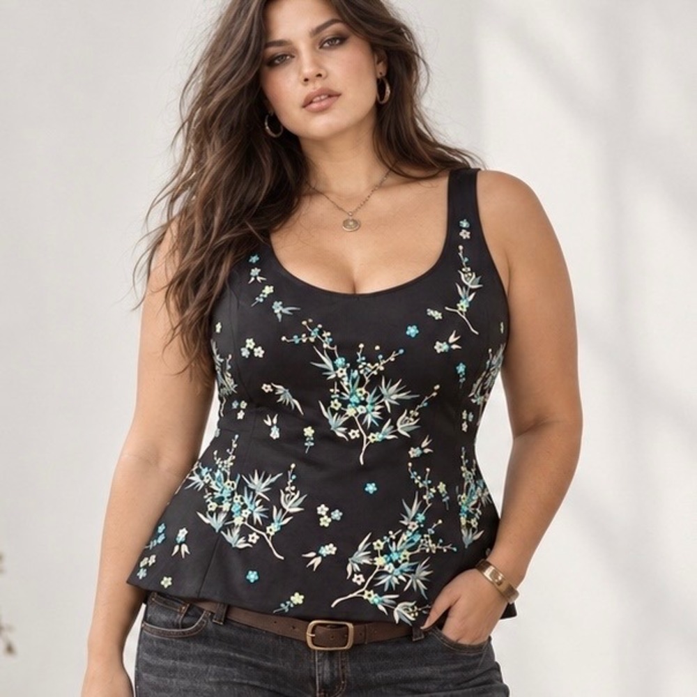 NWT Vintage Y2K Dana Buchman Silk Embroidered Black Floral Tank Top Dark Boho 14